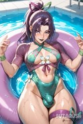 1futa ai_generated black_hair blue_eyes breasts bulge earrings erection female futanari futarush jewelry looking_at_viewer makeup marvel marvel_rivals muscular muscular_futa navel one-piece_swimsuit outdoors patreon patreon_username ponytail pool poolside psylocke psylocke_(breezy_butterfly) psylocke_(marvel_rivals) purple_hair solo solo_futa sultryspark swimsuit thick thick_ass thick_thighs water wet