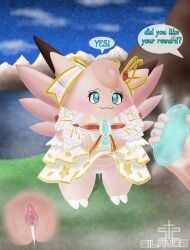 after_sex ambiguous_gender anthro blue_eyes blush bodily_fluids clefable clitoris clothed clothing clothing_lift cum cum_drip cum_in_vagina cum_inside dress dress_lift dripping duo elegant_style_clefable female generation_1_pokemon genital_fluids genitals grass heart_eyes heart_symbol hi_res holowear_(pokemon) hypnosis hypnotic_clothing hypnotic_device hypnotic_eyes imminent_sex leaking_cum looking_at_viewer mind_control mountain navel night nintendo orgasm pink_body plant pokemon pokemon_(species) pokemon_unite rock sea silavos smile smiling_at_viewer speech_bubble standing tail vaginal_fluids vulva water watermark wings