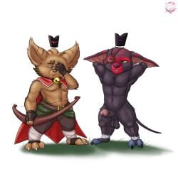 2_toes 3_toes 4_fingers anthro balls balls_tuft bell bell_collar biomutant black_crown blue_clothing bow_(weapon) brown_body brown_fur cape chest_tuft clothed clothing collar crown cult_of_the_lamb duo erection eye_patch eyewear facepalm feet fennephilim_fox fingerless_gloves fingers floating_crown fur genitals gloves hands_behind_head handwear headgear hi_res humanoid_genitalia humanoid_penis league_of_legends looking_at_another looking_at_viewer male massive_monster_(studio) melee_weapon penis primal_(biomutant) ranged_weapon red_cape red_clothing riot_games sword tencent toes topless tuft vein veiny_penis weapon yellow_sclera yordle