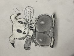 absurd_res anthro anus ass balls big_balls big_butt generation_7_pokemon genitals hi_res male mimikyu nintendo pokemon pokemon_(species) speech_bubble text