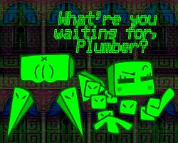 all_fours anthro anus ass bent_over blush blush_stickers closed_eyes cube cube_(object) dialogue female genitals gesture green_body hand_gesture hi_res mario_(series) mario_bros neon_green new_super_mario_bros. nintendo pointing presenting presenting_hindquarters pussy screencap screencap_background skeletonhearts snake_block snakey_(skeletonhearts) solo taunting vulva