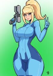 belly_button_visible_through_clothing blonde_hair blue_bodysuit blue_eyes bodysuit clothed clothed_female curvaceous curvy curvy_figure female fully_clothed gun hourglass_figure impossible_bodysuit impossible_clothes metroid nintendo peace_sign pink_lipstick pistol ponytail pose posing samus_aran simple_background skinny_waist tagme terrybrogard thick_thighs tight_clothing v zero_suit zero_suit_samus