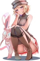 arm_under_breasts bare_arms bare_shoulders black_headwear black_shirt black_thighhighs blonde_hair blue_eyes boots breasts brown_footwear closed_mouth commentary elbow_on_thigh female full_body gen_6_pokemon head_rest highres knee_boots medium_breasts miniskirt momdy_(talesshinja) nintendo panties pantyshot pink_skirt pleated_skirt pokemon pokemon_(anime) pokemon_(creature) pokemon_journeys pokemon_swsh105 serena_(pokemon) shirt short_hair skirt sleeveless sleeveless_shirt smile squatting sylveon thighhighs turtleneck underwear white_background white_panties