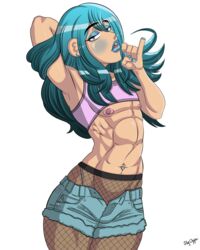 1boy ambush_(trap) androgynous belly_piercing bimbo blue_eyeshadow blue_hair blue_lipstick blue_nails eyeshadow femboy freckles gay girly heterochromia hotpants human human_only lipstick long_hair makeup male male_only muscular nail_polish net nipple_piercing nipples piercing slyoppai stockings trap