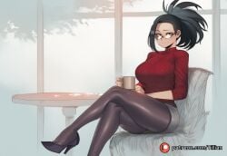 ai_generated black_eyes black_hair black_pantyhose boku_no_hero_academia breasts chair coffee_mug crossed_legs cup female glasses hair_pulled_back high_heels holding large_breasts long_hair long_sleeves looking_at_viewer momo_yaoyorozu mug my_hero_academia pantyhose patreon_logo patreon_username ponytail red_sweater ribbed_sweater semi-rimless_eyewear simple_background sitting skirt smile solo sweater table thighs tillian turtleneck