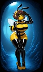 ai_generated bee bee_girl big_breasts black_sclera bodysuit breasts brown_hair brown_hair brunette_hair cave crying crying_with_eyes_open dollification drone droneification dronification feminization full_body full_body_suit gender_transformation heels high_heels hips identity_death latex latex_bodysuit latex_clothing latex_gloves latex_legwear latex_skinsuit latex_suit latex_thighhighs male_to_female mind_control no_mouth salute stinger tears thick_thighs thighs transformation wide_hips wings yellow_eyes yellow_high_heels