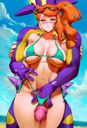 -_-abc 1boy 1girls ai_generated anthro anthro_on_human aqua_nails beach bikini bikini_bottom bikini_top blush breasts day dick_between_thighs female fingering fingering_pussy fingering_under_clothes glasses horny large_breasts male muscular nail_polish penis penis_between_thighs pokemon pokemon_ss pokephilia pussy sex sonia_(pokemon) spikes thighs toxtricity