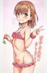 1girls 2020s 2025 bare_shoulders bikini breasts brown_eyes brown_hair charm_(object) cleft_of_venus collarbone female frilled_bikini frills gekota grin hand_up heart isshi_pyuma japanese_text matching_hair/eyes medium_hair misaka_mikoto navel pink_bikini ribs shochuumimai skinny small_breasts smile solo standing stomach swimsuit teenage_girl teenage_tits teenager teeth thighs to_aru_kagaku_no_railgun to_aru_majutsu_no_index twitter_username v young young_female