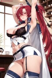 kiraamane ai_generated patreon seductive sexy uncensored watermark hi_res high_quality high_resolution wichita_(azur_lane) azur_lane breasts 1girl red_hair gloves nipples underwear long_hair indoors solo bra thighhighs blush navel large_breasts black_bra weapon bangs pussy red_eyes one_eye_closed armpits looking_at_viewer black_gloves gun ribbon arms_up areolae garter_straps buttons cleavage standing collarbone window skirt areola_slip nipple_slip holding_weapon hair_ribbon cowboy_shot jacket belt sleeveless