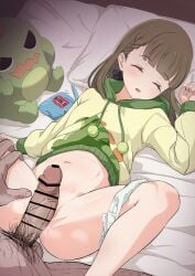 1boy absurdres bar_censor bed_sheet braid brown_hair censored closed_eyes clothed_female_nude_male drugged female fingernails from_above gonzales_(love_live!) hand_on_another's_leg head_on_pillow highres hood hoodie imminent_rape kachimachi_kosuzu kachimachi_kosuzu_(summer_loungewear) light_blush link!_like!_love_live! long_hair loungewear love_live! lying male navel no_pants nude on_back on_bed panties panties_around_one_leg penis penis_on_pussy pill pillow pov precum precum_drip pubic_hair pussy side_braid sleep_molestation sleep_sex sleeping somnophilia spread_legs straight underwear veins veiny_penis white_panties zanpon