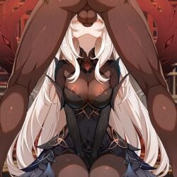 1boy 1girls ai_generated ass balls between_legs black_dress bodystocking breasts cleavage clothed_female_nude_male covered_nipples dark-skinned_male dark_skin dress fellatio female from_behind genshin_impact hoyoverse implied_fellatio impossible_clothes interracial irrumatio large_breasts long_hair male mihoyo nude oral pantyhose penis ronova_(genshin_impact) saliva see-through sitting solo_focus standing straight sweat sword_swallowing_position testicles thighs very_long_hair white_hair