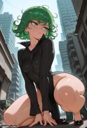ai_generated black_dress black_footwear breasts building car city closed_mouth collarbone curly_hair day dress female flipped_hair green_eyes green_hair ground_vehicle high_resolution highres long_sleeves motor_vehicle nimybotai no_panties one-punch_man outdoors short_hair small_breasts solo squatting stable_diffusion tatsumaki thick_thighs thighs