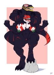anthro black_body blue_eyes bobthetanuki dinosaur dragged duo fusing hand_on_head hi_res lock_bulge male male/male nipple_piercing nipples nomu pecs piercing power_rangers prehistoric_species red_body red_ranger reptile scalie symbol teeth theropod tyrannosaurid tyrannosauroid tyrannosaurus tyrannosaurus_rex