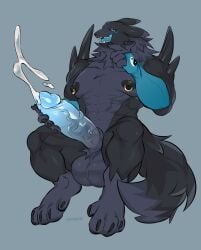 anthro armwear balls bandai_namco big_balls big_penis black_body black_fur blue_background blue_penis bodily_fluids catzino clothing cum cumshot digimon digimon_(species) ejaculation elbow_gloves fur genital_fluids genitals gloves gradient_penis hand_on_penis handwear hi_res holding_penis huge_balls huge_cock humanoid_genitalia humanoid_penis hyper hyper_genitalia hyper_penis licking licking_lips licking_own_lips male muscular muscular_anthro muscular_male nipple_piercing nipples nude_anthro nude_male open_mouth paws pecs penis piercing purple_body purple_fur simple_background sitting_on_another solo thick_penis tongue tongue_out vein veiny_penis