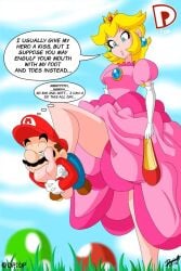 blonde_hair confusion dp1up foot_fetish funny giantess l mario_(series) meaty_soles mouthful pink_dress princess_peach satisfied shorter_male soles taller_girl toes toes_visible_through_clothing worship