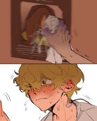 1boy 1girls 2koma alien_stage blonde_hair blush brown_hair colored_extremities cum_on_object cum_on_picture ear_blush holding holding_rag hyuna_(alien_stage) implied_masturbation luka_(alien_stage) neamchua silent_comic sweat wanted_poster wiping wiping_cum yellow_eyes