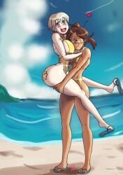 ass_grab beach big_breasts blush breasts_on_face carrying carrying_another face_in_breasts glasses gold_bikini grey_hair hand_on_ass hand_on_butt hand_on_thigh heart_symbol katie_mitchell pale_skin red_hair sand sandals sapphic small_breasts tan_skin the_mitchells_vs._the_machines thicc thick_female thick_thighs thigh_grab thin thin_female uzaki-chan_wa_asobitai! uzaki_hana yoshikage_anon