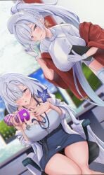 2girls absurdres alternate_costume azur_lane bare_shoulders belfast_(azur_lane) black_panties blue_flower blue_skirt blush breasts chair coat commentary cum cum_on_clothes desk desktop_(computing) dutch_angle flower garter_straps gloves hair_flower hair_ornament high_ponytail highres huge_breasts illustrious_(azur_lane) indoors lab_coat lanyard long_hair looking_at_viewer miniskirt monitor multiple_girls nurse office_chair open_clothes open_coat panties pantyshot pencil_skirt ponytail purple_eyes sitting skirt spekkio36 stethoscope_around_neck swivel_chair symbol-only_commentary thighhighs underwear used_artificial_vagina very_long_hair white_coat white_garter_straps white_gloves white_hair white_thighhighs