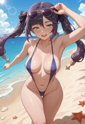 2025 ai_generated beach black_bow blue_sky day genshin_impact green_eyes hairbow hi_res high_quality high_resolution highres larry7 medium_breasts mona_(genshin_impact) navel outdoors purple_hair purple_swimsuit sand slingshot_swimsuit stable_diffusion sunglasses_on_head twintails water wide_hips