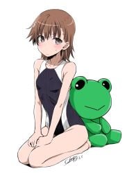 1girls 2020s 2025 artist_name asymmetrical_bangs bare_legs bare_shoulders barefoot black_one-piece_swimsuit blush breasts brown_eyes brown_hair collarbone competition_school_swimsuit dated female frown full_body gekota hair_ornament hairpin hands_on_own_thighs looking_at_viewer medium_hair misaka_mikoto okara one-piece_swimsuit school_swimsuit seiza sitting small_breasts soles solo stuffed_animal stuffed_frog stuffed_toy swimsuit teenage_girl teenager to_aru_kagaku_no_railgun to_aru_majutsu_no_index toes tokiwadai_school_swimsuit two-tone_one-piece_swimsuit two-tone_swimsuit white_background white_one-piece_swimsuit young young_female