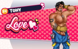 1boy bara beard_stubble big_penis black_hair blue_eyes buff date_everything dick_piercing earrings flushed gloves hades_flavi hairy_balls hairy_chest hammer holding_penis male_only nipple_piercing nipples overalls smirking tattoos thick_penis title_screen tony_(date_everything)
