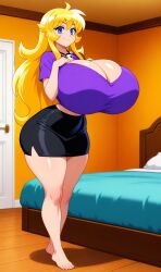 ai_generated big_breasts black_skirt blonde_hair breasts female original_character purple_shirt sister thick_thighs