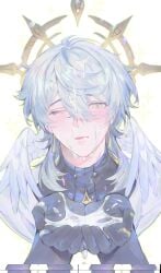 1boy alicevseliet black_gloves corrupted_twitter_file cum cum_on_body earrings facial feathered_wings gloves gold_earrings hair_between_eyes halo halo_behind_head head_wings holding_cum honkai:_star_rail honkai_(series) jewelry male_focus medium_hair one_eye_closed piercing solo spiked_halo straight-on sunday_(honkai:_star_rail) white_wings wing_piercing wings yellow_eyes