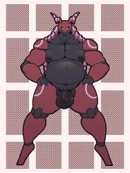 anthro anthrofied balls belly big_belly crazmax digital_media_(artwork) flaccid foreskin front_view full-length_portrait generation_5_pokemon genitals hands_on_hips hi_res humanoid_genitalia humanoid_penis male nintendo nipples nude penis pokemon pokemon_(species) pokemorph portrait scolipede simple_background slightly_chubby slightly_chubby_anthro slightly_chubby_male solo unretracted_foreskin