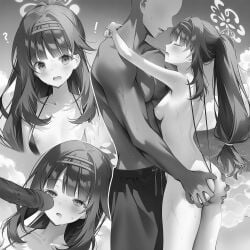 ai_generated areolae ass ass_cleavage ass_grab back bare_shoulders bareback beach black_and_white blue_archive blush breasts collarbone dark-skinned_male dark_skin drooling erotic_swimwear female female_focus grabbing_another's_ass hair_ribbon hairband halo highres horny horny_female imminent_sex interracial long_hair looking_at_viewer male medium_breasts nude ocean penis sideboob slingshot_swimsuit squinting string sweat thighs tsumugi_(blue_archive) uncensored wet