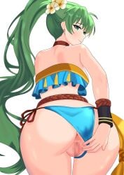 absurdres anus ass bikini blue_bikini blush censored commission earrings female fire_emblem fire_emblem:_the_blazing_blade fire_emblem_heroes flower green_eyes green_hair hair_flower hair_ornament high_ponytail highres jewelry long_hair looking_at_viewer looking_back lyn_(fire_emblem) lyn_(lady_of_the_beach)_(fire_emblem) mosaic_censoring myapanpan ponytail pussy simple_background skeb_commission smile spread_pussy spreading_own_pussy swimsuit very_long_hair white_background