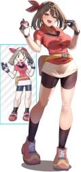 1girls absurdres bandana bike_shorts bike_shorts_under_shorts black_socks blue_eyes blush breasts brown_hair fanny_pack female gloves highres holding holding_poke_ball large_breasts looking_at_viewer may_(pokemon) momdy_(talesshinja) nintendo open_mouth poke_ball poke_ball_(basic) pokemon pokemon_rse red_bandana red_shirt shirt shoes short_hair shorts shorts_under_shorts smile sneakers socks solo