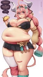 bbw belly_overhang big_belly big_female blush chubby chubby_female fat fat_belly fat_female fat_girl fat_rolls fat_woman fatty genshin_impact kipteitei large_female legs_together love_handles muffin_top overweight overweight_female pink_hair plump speech_bubble standing taco thick_thighs thighs_together varesa_(genshin_impact) weight_gain