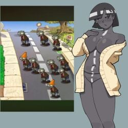beige_sweater big_breasts black_hair blush blush_lines chubby chubby_female collarbone colored_skin comparison dark_skin hair_over_one_eye hand_behind_back hand_on_own_chest humanized looking_away nude nude_female open_clothes plants_vs_zombies road screenshot short_hair sweater sweater_dress tattoo