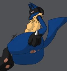 2019 anthro anus ass big_breasts breasts canine female fur furromantic looking_at_viewer lucario mammal nintendo nipples nude pokemon pokemon_(species) presenting presenting_pussy pussy simple_background solo video_games yellow_fur