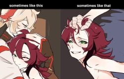 2boys before_and_after english_text gay genshin_impact hair_pull heart-shaped_pupils hug hugging kaedehara_kazuha lip_biting male_only meme ponytail sex shikanoin_heizou shrimpjiao smile sometimes_like_this_also_like_that twink wink winking_at_viewer yaoi