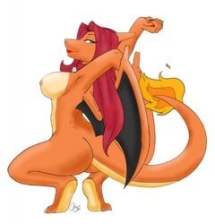 2011 anthro arms_behind_back ass blue_eyes breasts charizard feet female female_only lipstick looking_back micki nintendo nipples painted_nails pink_hair pokémon_(species) pokemon pokemon_(species) red_hair squatting stretching tagme