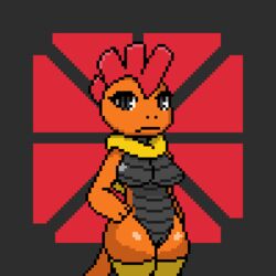 2019 3_fingers abstract_background anthro black_eyes black_scales breasts clothed clothing featureless_breasts female hand_on_hip imactuallygarbage legwear looking_at_viewer mostly_nude nintendo orange_scales partially_clothed pixel_art pokémon_(species) pokémorph pokemon pussy scales scrafty solo standing stockings thigh_highs video_games