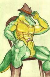 abs alligator anthro balls biceps boots chair claws clothing cowboy crazy_company crocodilian erection footwear hat hi_res humanoid_penis looking_at_viewer male male_only muscular muscular_male nude pecs penis pose red_eyes reptile scalie sitting smile solo