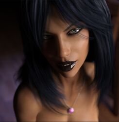 3d black_hair black_lipstick close-up dark-skinned_female dark_skin dreams_of_desire female female_only human lewdlab lipstick long_hair looking_at_viewer necklace parted_lips seductive smile solo tracy_(dod) yellow_eyes