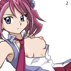 breasts clothing exposed_breasts female gomatarou hiiragi_yuzu necktie nipples open_clothes open_shirt pink_hair purple_eyes short_hair yu-gi-oh! yuu-gi-ou yuu-gi-ou_arc-v