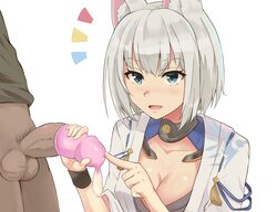 1boy 1girls :d animal_ears azur_lane bangs blue_eyes blunt_bangs blush breasts cleavage collarbone condom condom_filling condom_on_penis dark-skinned_male dark_skin eyebrows_visible_through_hair female fox_ears handjob highres interracial japanese_clothes kaga_(azur_lane) large_breasts light-skinned_female light_skin male_focus notice_lines open_mouth penis sakura_empire_(azur_lane) short_hair simple_background smile testicles verseir_001 white_background white_hair