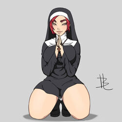 ash_(paladins) burgerlim green_eyes holding_object kneeling large_breasts necklace nun paladins red_hair short_hair tagme thick_thighs