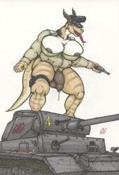 balls big_breasts bottomless breasts clothed clothing dickgirl erika_skuld foreskin gun handgun hat hi_res horn intersex lizard nipple_piercing nipples obese overweight penis piercing pistol precum ranged_weapon reptile saliva scalie sewercroc slightly_chubby tank tongue uncut uniform vehicle weapon