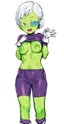 1girls alien alien_girl bike_shorts breasts cheelai decensored dragon_ball dragon_ball_super edit eyelashes female female_only front_view gesture gloves green-tinted_eyewear green_nipples green_skin humanoid large_areolae medium_breasts navel no_bra ok_sign open_mouth open_smile pink_eyes saankyu scouter shirt_lift short_hair shorts simple_background smile solo standing tenchisouha third-party_edit tight_clothes tinted_eyewear white_background white_hair