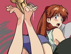 asuka_langley_sohryu barefoot big_penis blue_eyes blush brown_hair clothing cum feet foot_fetish foot_focus footjob forced looking_back neon_genesis_evangelion penis precum rankerhen shocked shorts soles spread_toes toes