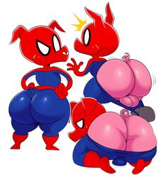 2019 anthro ass balls big_ass big_butt bulge clothing costume disembodied_hand femboy gay hi_res huge_ass large_ass looking_back male male_only mammal marvel mask peter_porker pig pink_skin porcine simple_background solo spider-ham spider-man:_into_the_spider-verse spider-man_(series) sssonic2 surprise teapot_(body_type) testicles thick_thighs toony undressing white_background yaoi