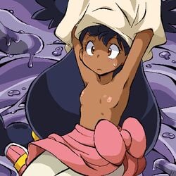 1girls ambiguous_gender areolae armpits blush breasts brown_eyes clothing dark-skinned_female dark_skin female flat_chest gomatarou human iris_(pokemon) iris_(pokemon_bw) long_hair muk nintendo nipples pokemon pokemon_bw pokemon_rgby purple_hair shirt slime_monster small_breasts solo_focus tentacle very_long_hair