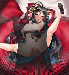 absurdly_long_hair absurdres ahe_gao ahegao ahoge armpits arms_behind_head bari_(destiny_child) bell black_footwear black_hair blue_nails blush bottomless breasts breath brown_eyes cum cum_in_pussy cum_inside destiny_child elbow_gloves fan female folding_fan full_body gloves grimgrim hair_bell hair_ornament heart highres jingle_bell large_breasts large_penis long_hair lying nail_polish navel nipples on_back on_bed open_mouth orgasm pillow sex shoes shortstack size_difference smaller_female solo spread_legs stomach_bulge trembling very_long_hair