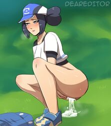 1girls after_sex ass bettie_(pokemon) blush cum cum_drip cum_in_pussy cum_inside deareditor female female_only human human_only looking_at_viewer masturbation pokemon pokemon_masters pussy solo