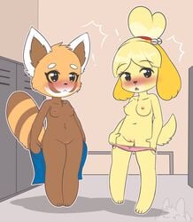 ! 2019 2girls :< aggressive_retsuko ailurid animal_crossing anthro blush breast_size_difference breasts bunnybits canid canine canis clothing duo female female_only fur furry furry_only hi_res isabelle_(animal_crossing) locker_room mammal navel nintendo orange_fur panties pussy red_panda retsuko shortstack smooth_fur standing tail underwear undressing video_games